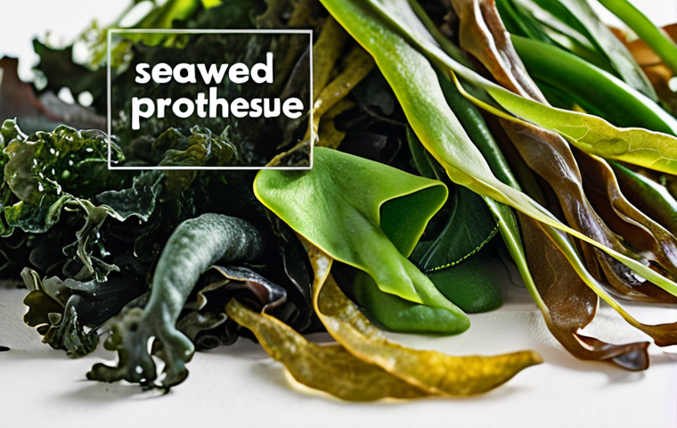 **

A vibrant close-up shot of various seaweeds (wakame, kelp, gim) arranged artfully. Focus on the textures and colors. The background is bright and airy, suggesting health and wellness. Include the text "Seaweed: The Antioxidant Powerhouse" subtly in the image.

**
