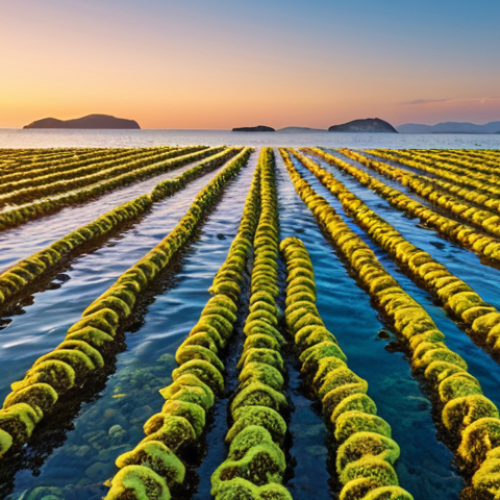 Home 14 A vibrant seaweed farm at sunset, featuring diverse types of seaweed growing in clear ocean waters. IT technology like drones and underwater robots are monitoring and managing the farm, ensuring sustainable and efficient cultivation.