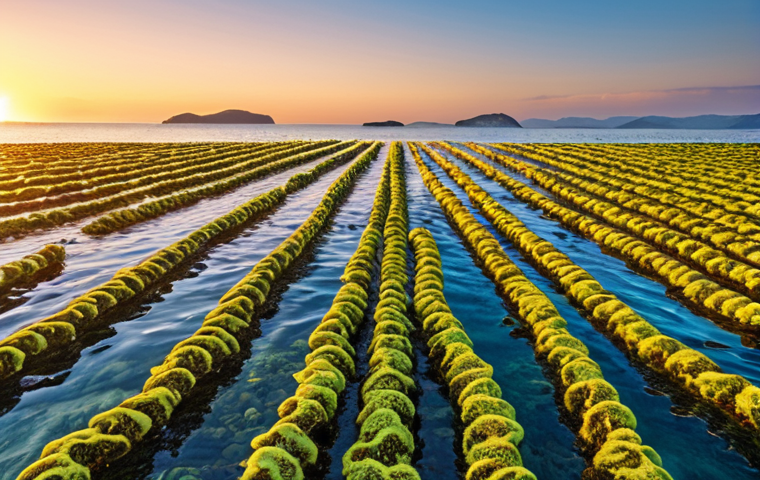 A vibrant seaweed farm at sunset, featuring diverse types of seaweed growing in clear ocean waters. IT technology like drones and underwater robots are monitoring and managing the farm, ensuring sustainable and efficient cultivation.