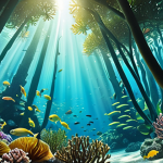 **

A vibrant underwater scene showcasing a lush kelp forest with diverse marine life. Sunlight filters through the canopy, illuminating schools of fish, colorful coral, and playful sea creatures. The image emphasizes the kelp forest's role as a thriving ecosystem and a haven for biodiversity.

**