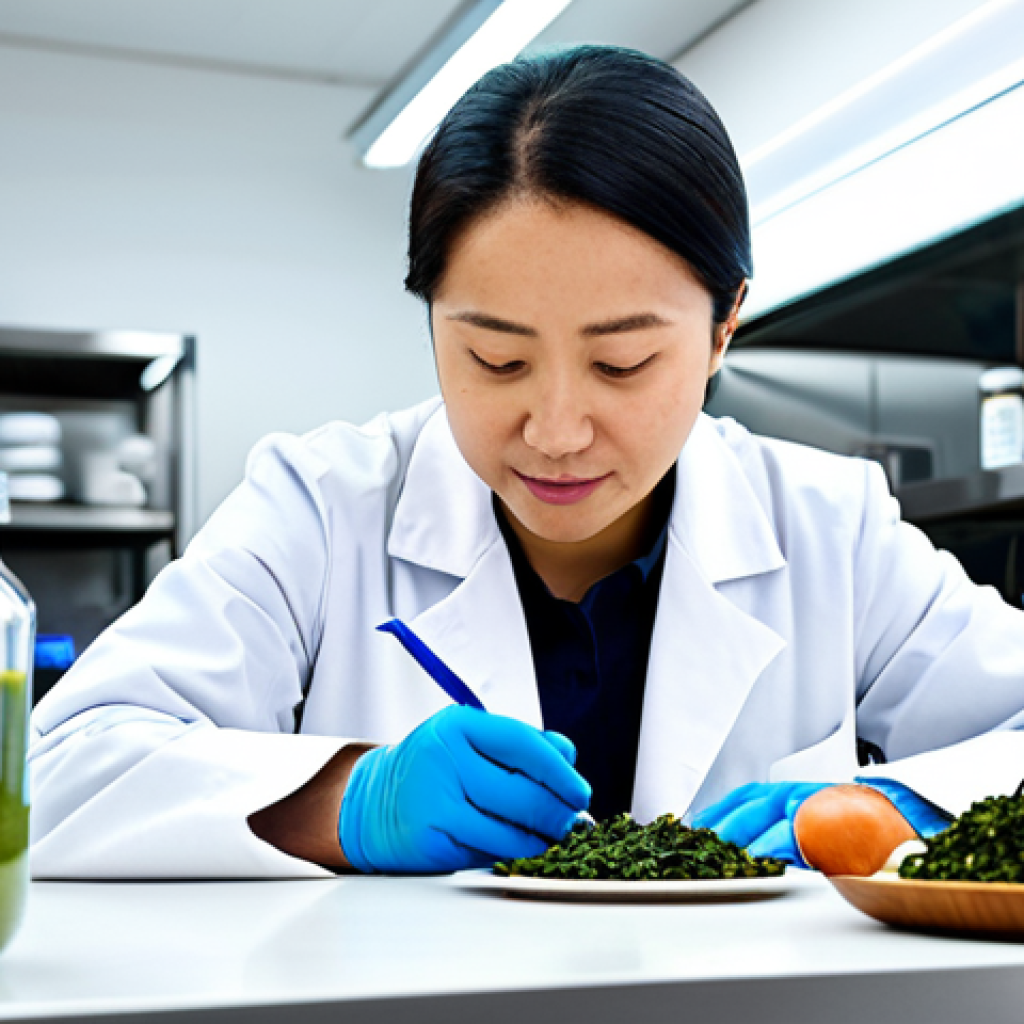 A professional food scientist, fully clothed in a modest, clean lab coat, is meticulously examining innovative seaweed-based food products on a sleek, high-tech countertop in a state-of-the-art food research laboratory. The focus is on diverse and appealing processed seaweed items such as plant-based protein patties, green pasta, nutrient-dense smoothies, and gourmet snacks. The scene is brightly lit with clean lines, emphasizing health, sustainability, and the future of food. Perfect anatomy, correct proportions, natural pose, well-formed hands, proper finger count, natural body proportions, safe for work, appropriate content, family-friendly, professional photography, high quality.