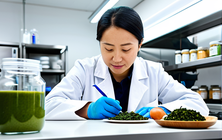 A professional food scientist, fully clothed in a modest, clean lab coat, is meticulously examining innovative seaweed-based food products on a sleek, high-tech countertop in a state-of-the-art food research laboratory. The focus is on diverse and appealing processed seaweed items such as plant-based protein patties, green pasta, nutrient-dense smoothies, and gourmet snacks. The scene is brightly lit with clean lines, emphasizing health, sustainability, and the future of food. Perfect anatomy, correct proportions, natural pose, well-formed hands, proper finger count, natural body proportions, safe for work, appropriate content, family-friendly, professional photography, high quality.