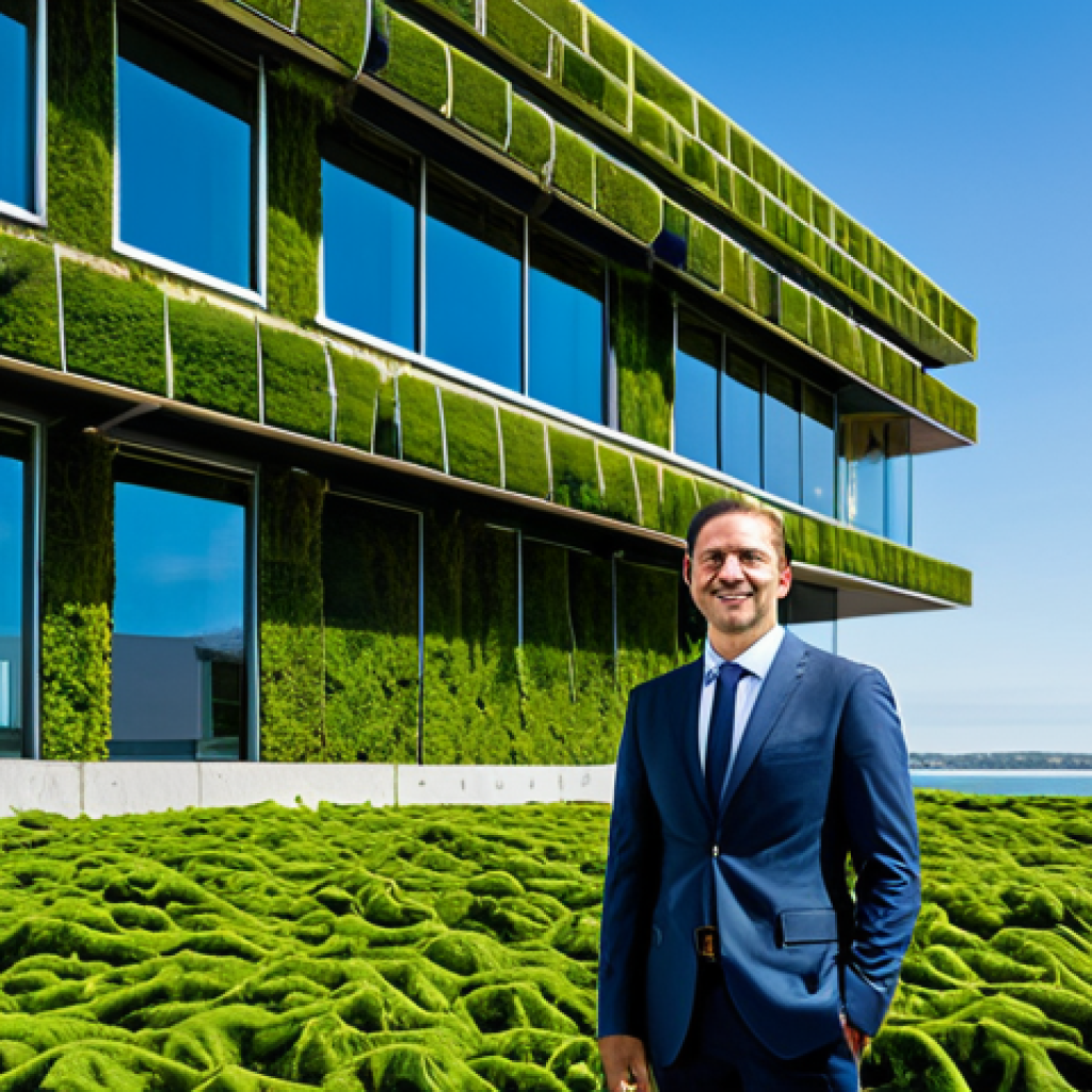 A professional architect, fully clothed in a modest business suit, stands confidently in front of a striking, futuristic architectural building. The building is a showcase of sustainable innovation, constructed with visible seaweed-based panels and natural biomaterials, integrated into a serene landscape with lush greenery under a clear, bright sky. The image emphasizes harmony with nature, cutting-edge design, and environmental responsibility. Professional architectural photography, high-resolution, clean lines, modern design, abundant natural light, safe for work, appropriate content, fully clothed, professional, perfect anatomy, correct proportions, natural pose, well-formed hands, proper finger count, natural body proportions.