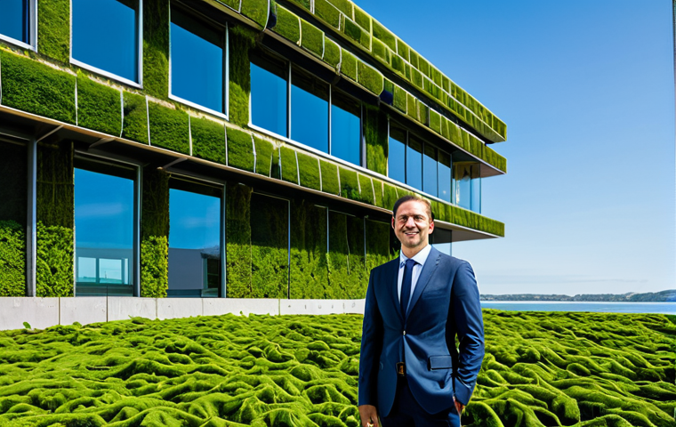 A professional architect, fully clothed in a modest business suit, stands confidently in front of a striking, futuristic architectural building. The building is a showcase of sustainable innovation, constructed with visible seaweed-based panels and natural biomaterials, integrated into a serene landscape with lush greenery under a clear, bright sky. The image emphasizes harmony with nature, cutting-edge design, and environmental responsibility. Professional architectural photography, high-resolution, clean lines, modern design, abundant natural light, safe for work, appropriate content, fully clothed, professional, perfect anatomy, correct proportions, natural pose, well-formed hands, proper finger count, natural body proportions.