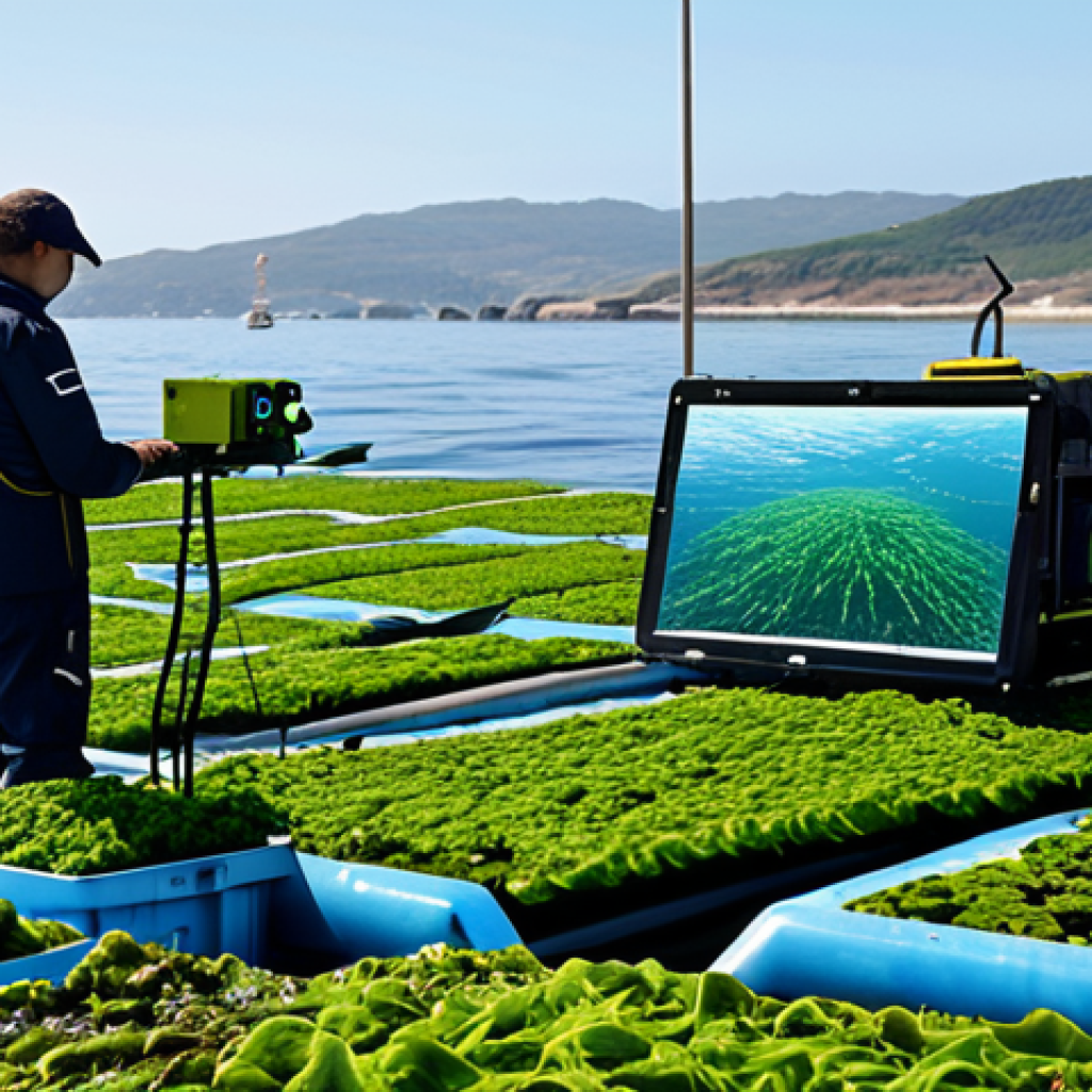 해조류 바이오소재의 생산 프로세스 혁신 - **Smart Seaweed Farm:** "A futuristic seaweed farm on the ocean, featuring drones monitoring water c...