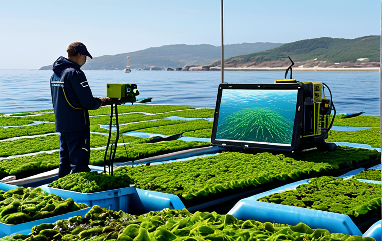 해조류 바이오소재의 생산 프로세스 혁신 - **Smart Seaweed Farm:** "A futuristic seaweed farm on the ocean, featuring drones monitoring water c...