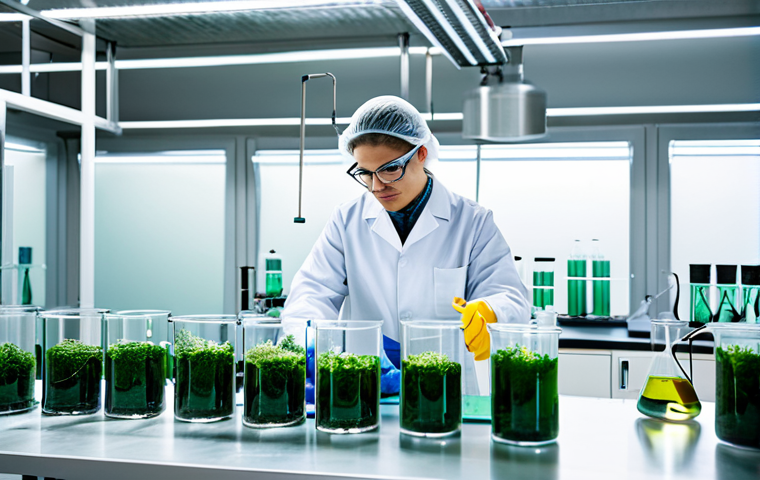 해조류 바이오소재의 생산 프로세스 혁신 - **Smart Seaweed Farm:** "A futuristic seaweed farm on the ocean, featuring drones monitoring water c...