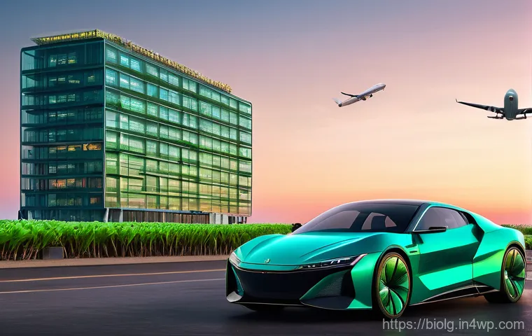 해조류 기반 바이오소재의 생산 원가 분석 - **Prompt:** A vibrant, futuristic city skyline at sunset, with vast, illuminated offshore seaweed fa...