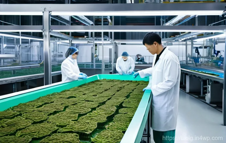 해조류 기반 바이오소재의 생산 원가 분석 - **Prompt:** A vibrant, futuristic city skyline at sunset, with vast, illuminated offshore seaweed fa...