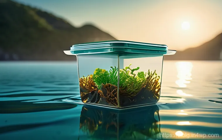 해조류로 만든 식품 포장 솔루션 - **Prompt 1: "The Dawn of Ocean-Born Packaging"**
A wide, serene underwater shot showcasing lush,...