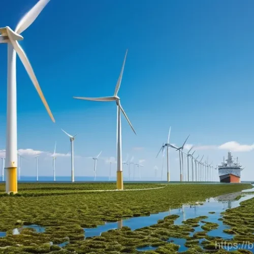 해조류를 활용한 포장재 연구 사례 - **Prompt:** A vast, futuristic offshore wind farm in the North Sea, where giant white wind turbines ...