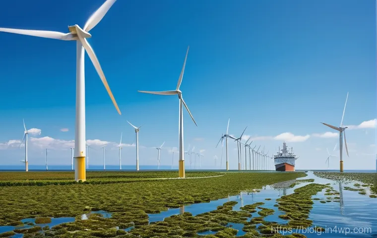 해조류를 활용한 포장재 연구 사례 - **Prompt:** A vast, futuristic offshore wind farm in the North Sea, where giant white wind turbines ...