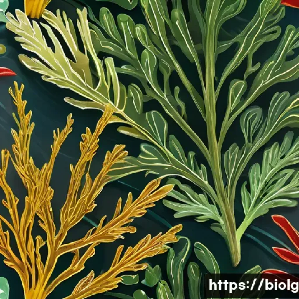 해조류를 이용한 대체 단백질 원료 개발 - A vibrant, detailed illustration of various seaweed types—brown kelp, red laver, and green seaweed—s...
