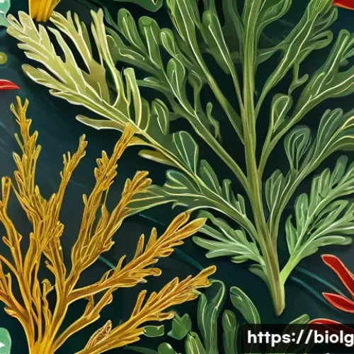 해조류를 이용한 대체 단백질 원료 개발 - A vibrant, detailed illustration of various seaweed types—brown kelp, red laver, and green seaweed—s...
