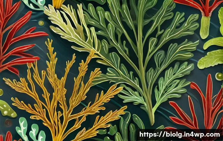 해조류를 이용한 대체 단백질 원료 개발 - A vibrant, detailed illustration of various seaweed types—brown kelp, red laver, and green seaweed—s...