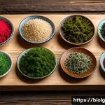 해조류를 활용한 대체 식품 개발 전략 - A vibrant close-up of various edible seaweeds including red, brown, and green algae displayed on a r...