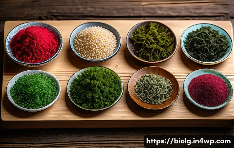 해조류를 활용한 대체 식품 개발 전략 - A vibrant close-up of various edible seaweeds including red, brown, and green algae displayed on a r...