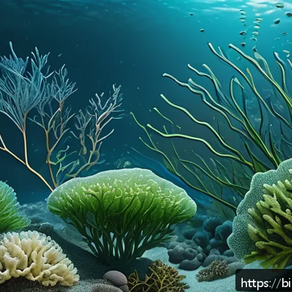 해조류의 생물 분해 가능성 연구 - A highly detailed scientific illustration of marine microorganisms secreting beta-agarase enzymes ac...