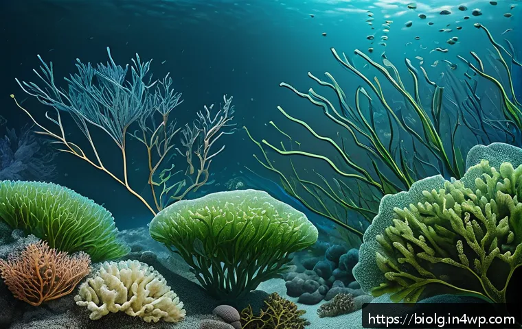 해조류의 생물 분해 가능성 연구 - A highly detailed scientific illustration of marine microorganisms secreting beta-agarase enzymes ac...