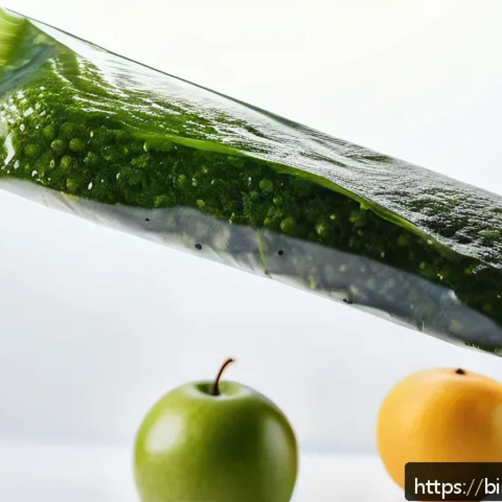 해조류 기반 생분해성 소재의 장점 - A detailed close-up of biodegradable seaweed-based packaging film with a smooth, translucent texture...