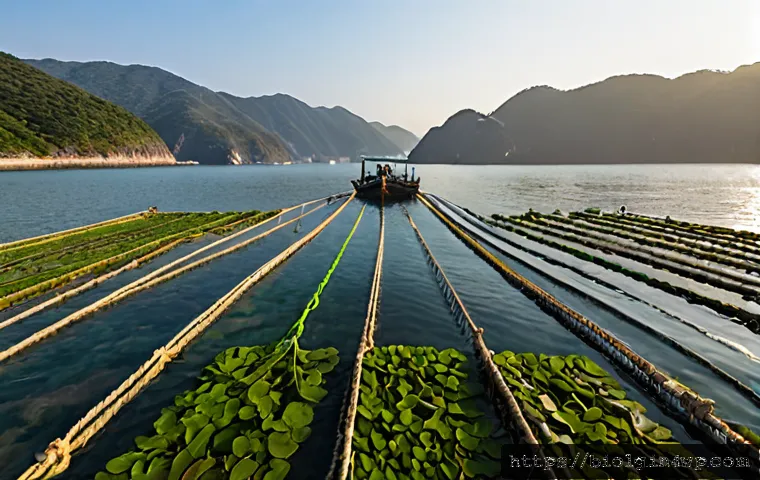 해조류의 환경적 이점과 상업적 활용 - Photorealistic coastal seaweed farm at sunrise, neat rows of brown and green kelp growing on floatin...